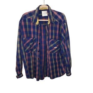 Vintage Code Bleu Mens Shirt L Button Front Blue Plaid Cotton Distressed 80's HK